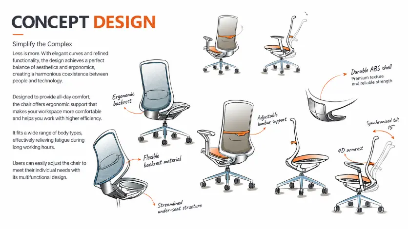 Concept sketch of an ergonomic office chair showing backrest, lumbar support and synchronized tilt