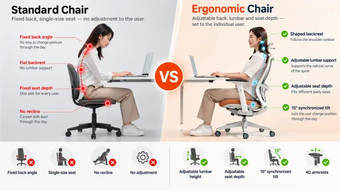 Side-by-side comparison of a standard chair with a fixed back and an ergonomic chair with adjustable lumbar support